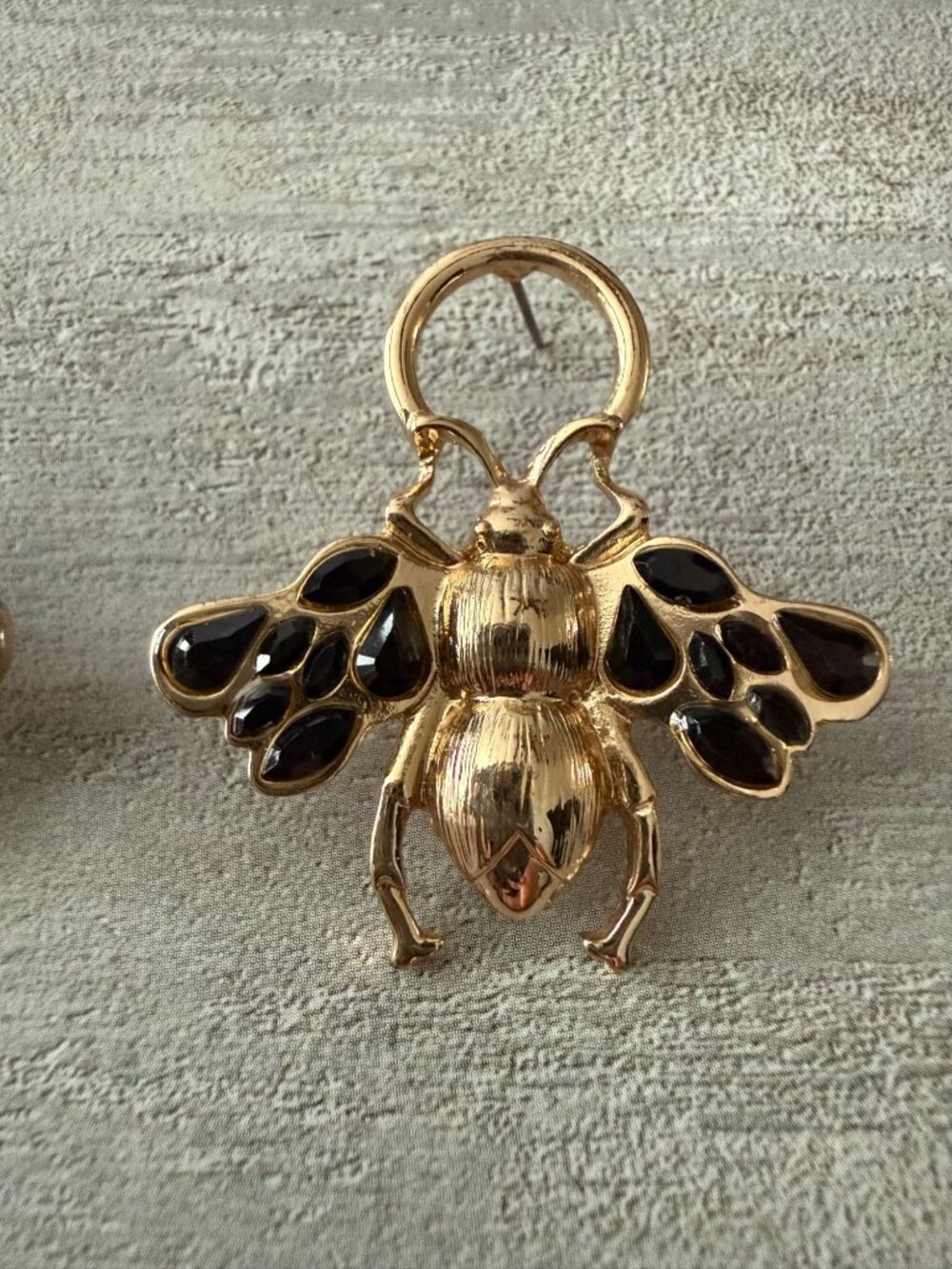 Gold Bee-Shaped Earrings Black Rhinestone Wing Detailing Post Back Oversized - Picture 3 of 5